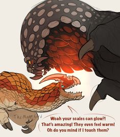 an animal attacking another animal with its mouth open and the caption below it says, what your scales can glow? that's amazing