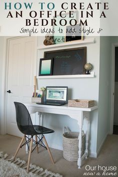 a white desk with a black chair in front of it and the words how to create an