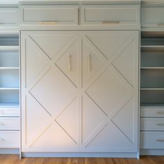 a white closet with sliding doors and drawers