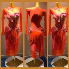 three different views of a red dress on display