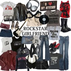 Rock N Roll Outfit Aesthetic, Band Girlfriend Aesthetic Outfits, Rockstar’s Girlfriend Aesthetic, Rockstar Girlfriend Aesthetic Collage, Queen Aesthetic Band Outfit, Classic Rock Outfits Women, 2000s Rockstar Aesthetic, U2k Outfits, 2000 Rock Aesthetic