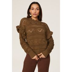 Brown knit (58% Cotton, 42% Polyester). Sweater. Crew neck. Long sleeves. Pull-on. 20.5" from shoulder to hemline. Imported. Brown Long Sleeve Pointelle Knit Top, Brown Pointelle Knit Long Sleeve Tops, Brown Long Sleeve Tops With Pointelle Knit, Fall Cotton Knit Top With Ruffles, Cotton Knit Top With Ruffles For Fall, Ruffled Knit Top For Fall, Chic Pointelle Knit Tops For Fall, Casual Ruffle Knit Top For Fall, Casual Ruffled Knit Top For Fall