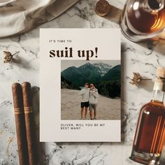 a card that says, it's time to suit up with two men standing next to each other