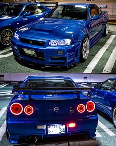 two pictures of cars parked in a parking lot with their lights turned on and the rear end showing