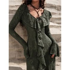 -Item Id 34190802 -Details: Asymmetrical, Knot, Ruffle -Neckline: V Neck -Sleeve Type: Flounce Sleeve -Style: Casual -Type: A Line -Waist Line: High Waist -Hem Shaped: Asymmetrical -Color: Dark Green -Pattern Type: Plain -Sleeve Length: Long Sleeve -Fit Type: Regular Fit -Length: Long -Material: Knitted Fabric -Composition: 95% Polyester, 5% Elastane -Care Instructions: Machine Wash Or Professional Dry Clean -Sheer: Yes -Fabric: Slight Stretch -Body: Unlined -Pockets: No **Open To Offers!!!** ** Dark Lace Dress, Ethereal Witch Outfits, Witchy Formal Dress, Goth Dress Long, Goth Chic Outfits, Val Outfits, Long Black Summer Dress, Black Boho Chic, Style Vert