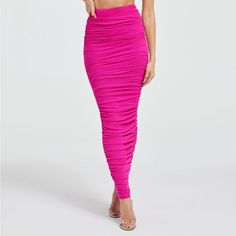 Never Worn Pristine Condition Good American Hot Pink Ruched Mesh Skirt In Size Xs. No Flaws. Chic Pink Stretch Maxi Skirt, Pink Long Skirt For Night Out, High Waist Ruched Stretch Maxi Skirt, Ruched High Waist Maxi Skirt, Pink Stretch Maxi Skirt For Party, Chic Pink Maxi Skirt For Night Out, Pink Stretch Pleated Bottoms, Stretch Pink Pleated Bottoms, Stretch Pleated Pink Bottoms