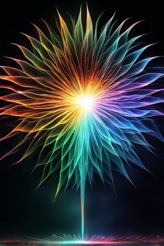 a colorful flower that is in the air with light coming from it's petals