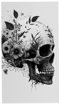 a black and white drawing of a skull with flowers