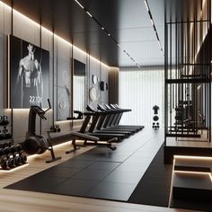 a gym with rows of treadmills, exercise equipment and mirrors on the wall