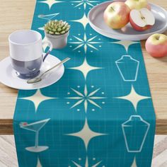 Atomic Mid Century Mod Table Runner - Starburst & Martini Blue Retro Table Linens | lovevisionkarma.com Mid Century Atomic Table, Starburst Martini, Mcm Table, Dresser Runner, Modern Table Runners, Atomic Mid Century, Martini Shaker, Mid Century Modern Table, Retro Table