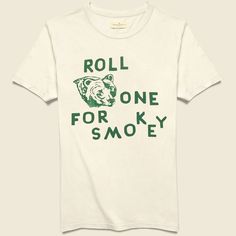 Roll One For Smokey Tee - Vintage White – STAG Provisions Vintage Camp Tee, Vintage Cotton Camp Shirt With Graphic Print, Vintage Relaxed Fit Printed Camp Shirt, Vintage Screen Print T-shirt For Outdoor, Stag Provisions, Cotton Screen Print T-shirt For Camping, Imogene Willie, Suede Clogs, White Stag