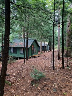 there is a small cabin in the middle of the woods with lots of trees around it