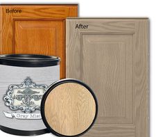 the before and after pictures of kitchen cabinet doors, with an open canister next to it