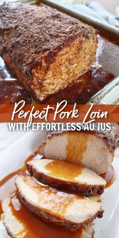 the pork loin is cut into slices and served with barbecue sauce