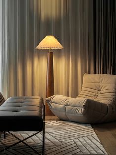 a living room scene with focus on the floor lamp and chair next to the window