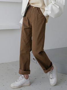 Coffee Brown Casual Collar  Fabric Plain Wide Leg Embellished Non-Stretch Spring/Summer/Fall Women Clothing Cotton Pants Outfit, Brown Cotton Pants, Brown Pants Outfit, Dark Brown Pants, Brown Slacks, Leg Pants Outfit, Pants Outfit Casual, Summer Work Outfits