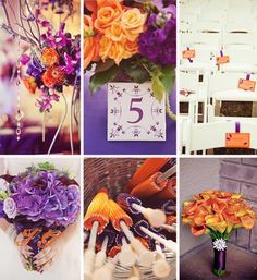 a collage of pictures with flowers and numbers on them in different colors, including oranges, purples, and greens