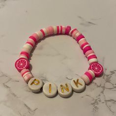 Handmade By Me Made To Fit Wrists 6.5-7 As Is Claybead Bracelet, Letter Bead Bracelets, Pearl Cuff Bracelet, Clay Bead Bracelet, Handmade Jewelry Bracelets, Pink Lemon, Gems Bracelet, Citrine Beads, Beads Bracelet Design