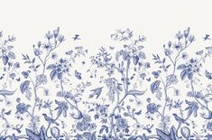 blue and white floral wallpaper with birds