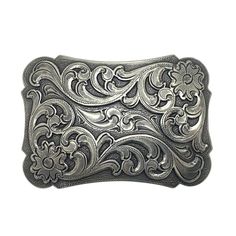 This unique trophy belt buckle is the perfect gift for any country girl! Cast with fine detail in zinc, then carefully plated with a Sterling Silver finish, and then sealed with a clear finish to preserve the fine quality and finish. Meant for belts that measure up to 1.5" wide.Buckle measures approximately 3.25" x 2.25". Classic Concho Belt Buckles For Formal Wear, Western Engraved Belt Buckles For Formal Wear, Elegant Concho Belt For Formal Wear, Elegant Concho Belt For Formal Occasions, Elegant Formal Concho Belt, Custom Engraved Belt Buckles For Formal Occasions, Elegant Silver Engraved Belt, Classic Silver Concho Belt, Silver Western Belt Buckles For Formal Occasions