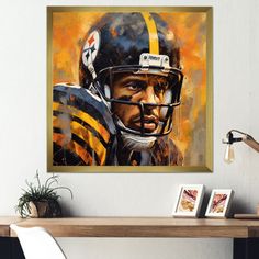 a painting of a football player on the wall