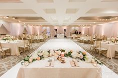 a banquet hall with tables and chairs set up for an event