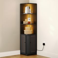 a corner shelf with books on it in a room