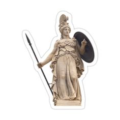 an ancient statue holding a shield and spear sticker on a white backround