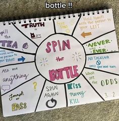 a spiral notebook with the words spin the bottle written in different colors and phrases on it