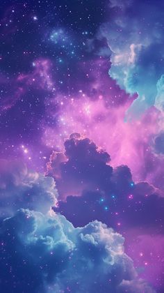 the sky is filled with stars and clouds in purple, blue and teal colors