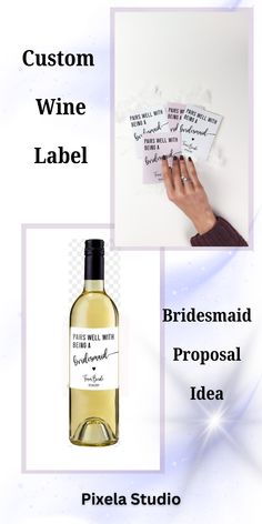 a wine bottle with labels on it next to a hand holding a piece of paper