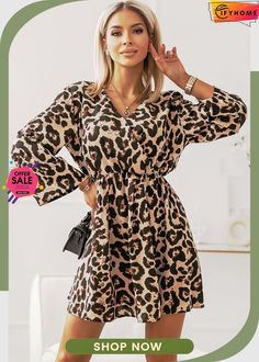 Leopard Print Wrapped V Neck Wide Sleeves Shirt Dress Casual V-neck Mini Dress For Fall, Casual Long Sleeve Mini Dress For Brunch, Leopard Print V-neck Mini Dress For Day Out, V-neck Leopard Print Mini Dress For Day Out, Leopard Print Long Sleeve Mini Dress For Fall, Long Sleeve Leopard Print Mini Dress For Summer, Long Sleeve Leopard Print Mini Dress For Fall, Leopard Print Long Sleeve Dress For Spring, Casual Knee-length Leopard Print Mini Dress