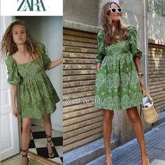 Cotton Polyester Zara Embroidered Mini Dress For Summer, Zara Embroidered Summer Mini Dress, Summer Long Sleeve Green Embroidered Dress, Spring Square Neck Patchwork Dress, Square Neck Patchwork Dresses For Spring, Chic Green Dress With Floral Embroidery, Zara Floral Embroidery Mini Dress For Summer, Green Mini Dress With Floral Embroidery For Summer, Embroidered Green Mini Dress