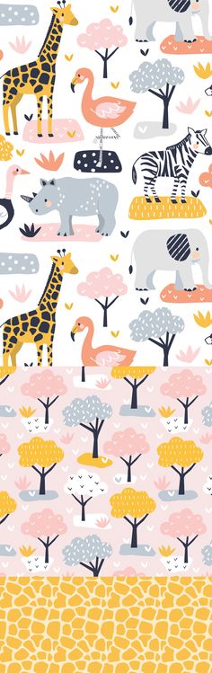 an animal themed wallpaper with trees and giraffes