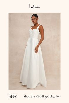 With a timeless silhouette and an undeniably romantic personality, the Lulus Modern Affection White Taffeta Pleated Sleeveless Maxi Dress is the perfect dress for your big day! Sleek and structured woven taffeta shapes wide straps that support a bodice with a classic sweetheart neckline, lightly padded cups, and a crisscrossing pleated design that lends a contemporary touch to this gorgeous dress. Fitted waist tops a full, ballgown-style skirt that has a layer of hidden tulle for volume. Low bac White Ballgown, Neutral Dresses, Dress Fitted, Style Skirt, Dress Medium, Sleeveless Maxi Dress, Strapless Bra, Wide Straps, Full Skirt