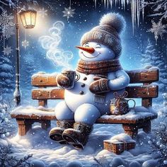 a snowman is sitting on a bench with a cup of coffee in his hand