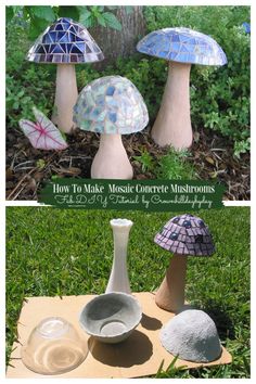 three different types of mushrooms sitting on top of a wooden board in the grass with text overlay that says how to make mosaic concrete mushrooms