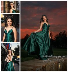 a woman in a long green dress posing for pictures at sunset with her hands on her hips