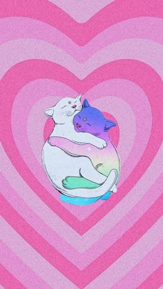 two cats hugging each other in the middle of a heart shaped pattern with pink and purple colors