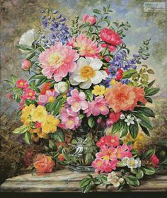 a painting of flowers in a vase on a table