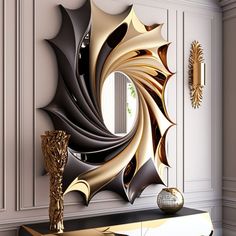 a mirror that is on the side of a table in front of a cabinet with a vase