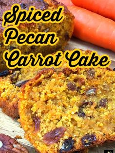 sliced pecan carrot cake sitting on top of a cutting board next to carrots