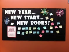 a bulletin board with new year's cards and notes on it that says, new start new books