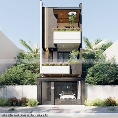 an apartment building with balconies and plants growing on the top floor, next to a car parked in front of it