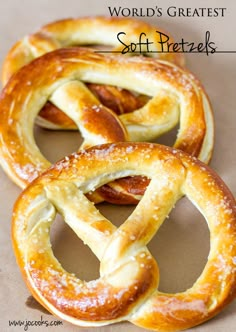 three pretzels with the words world's greatest soft pretzels