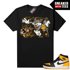 "Taxi 1's Jordan matching shirt by Sneaker Match Tees brand. Official Sneaker Match Tees shirt designed to match the Jordan 1 \"Taxi\" retro sneakers. *Sneakers are for matching purposes only, NOT included in the sale* True to size Men's shirt 100% Soft Cotton Regular Fit" Jordan Taxi Outfit, Black Varsity T-shirt For Streetwear, Retro Black Sneakers With Graphic Print, Black Retro Sneakers With Graphic Print, Sporty Black Sneakers For Game Day, Graphic Print Athletic Tops For Streetwear, Yellow Casual Sneakers With Graphic Print, Casual Yellow Sneakers With Graphic Print, Black Retro Top For Game Day