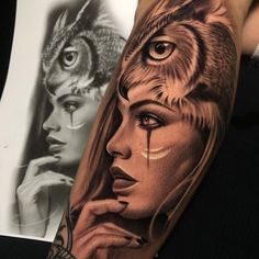 a woman's face with an owl on her head and the other half of her arm