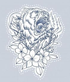 a bear with its mouth open and flowers around it