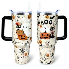 two tumblers with halloween themed designs on them