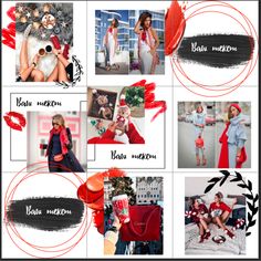 a collage of photos with red and black accents on them, including the words